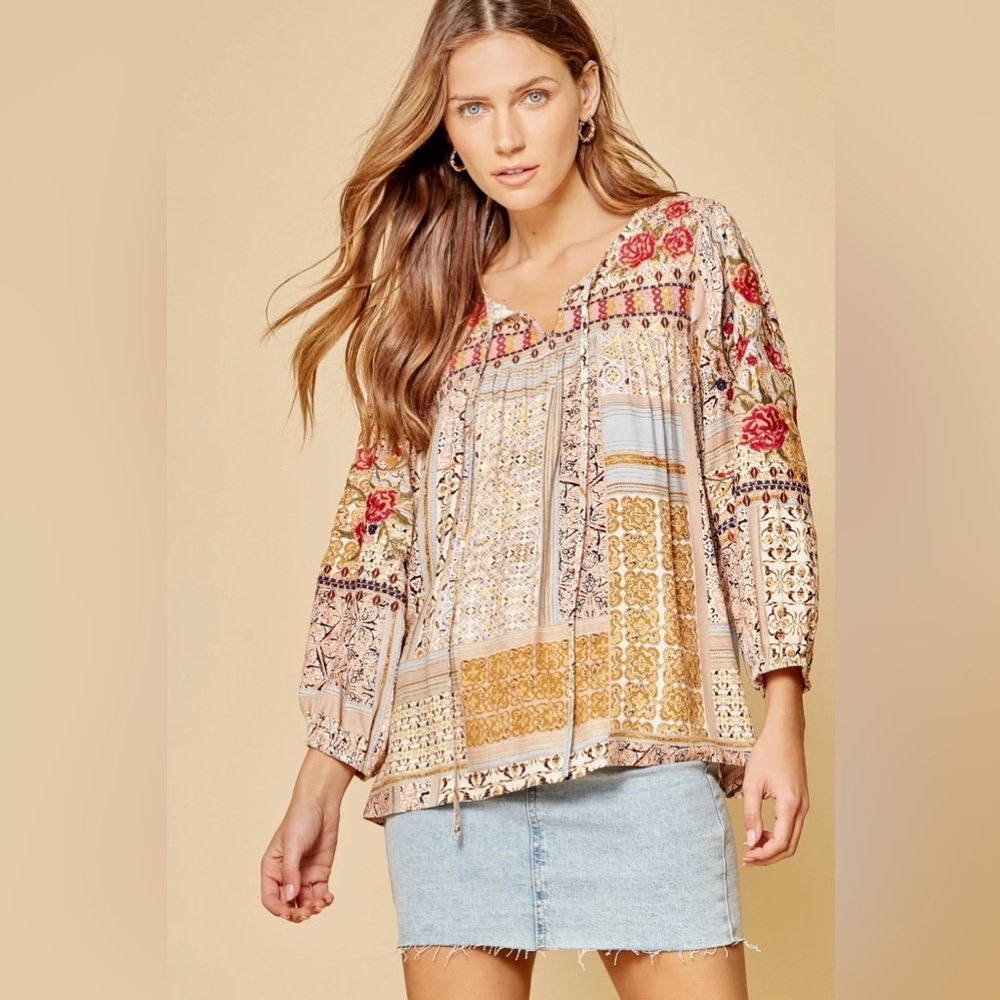 Savanna Jane Boho Patchwork Embroidered Floral Peasant Top Multi Color Small